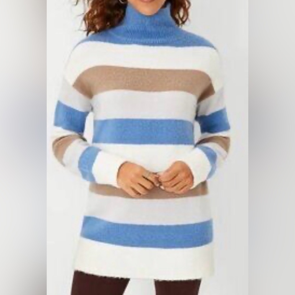 Ann Taylor Petite MP Striped Turtleneck Pullover Sweater Blue Brown White